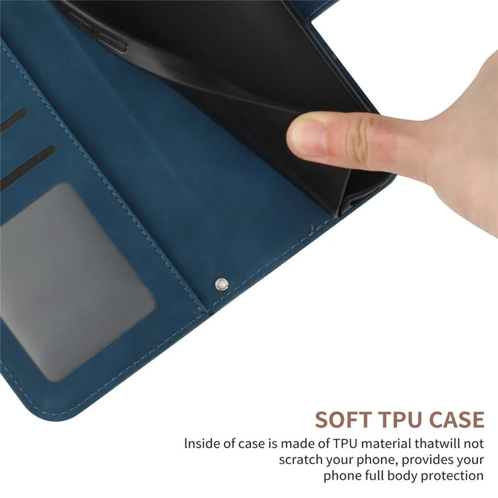 HT04 Sunflower Imprint Phone Case for iPhone 15 Stand Shell Leather Wallet with Shoulder Strap - Dark Blue - 7