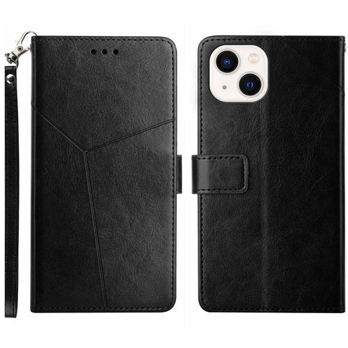 HT01 Y-shaped Line Imprinting Phone Case for iPhone 15 , PU Leather Wallet Stand Anti-drop Cover - Black - 1