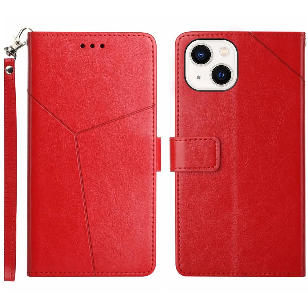 HT01 Phone Case for iPhone 15 Plus , Y-shaped Line Imprinting PU Leather Wallet Stand Anti-drop Cover - Red - 1