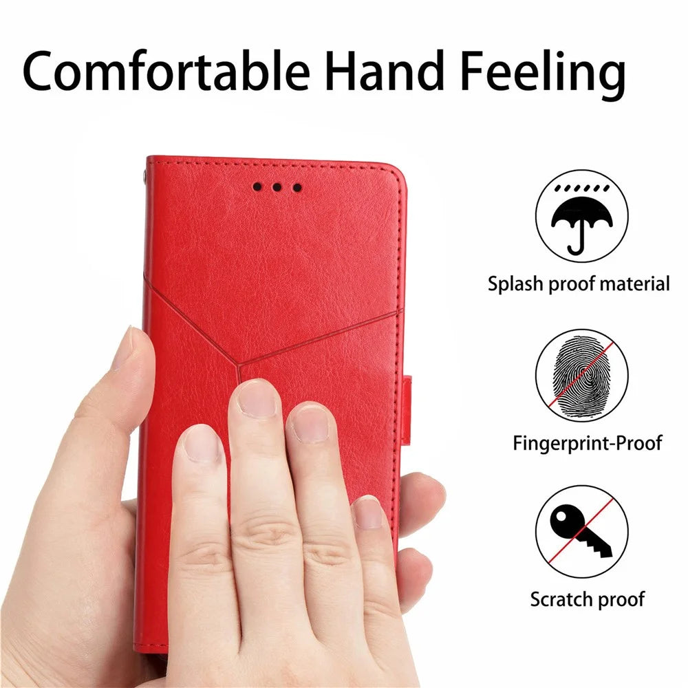 HT01 Phone Case for iPhone 15 Plus , Y-shaped Line Imprinting PU Leather Wallet Stand Anti-drop Cover - Red - 5