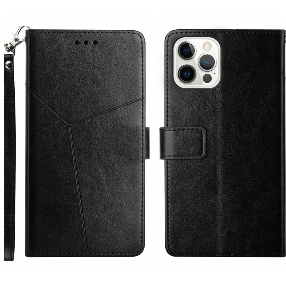 HT01 Phone Case for iPhone 15 Pro Max Y-shaped Line Imprinting Wallet Stand PU Leather Cover - Black - 1