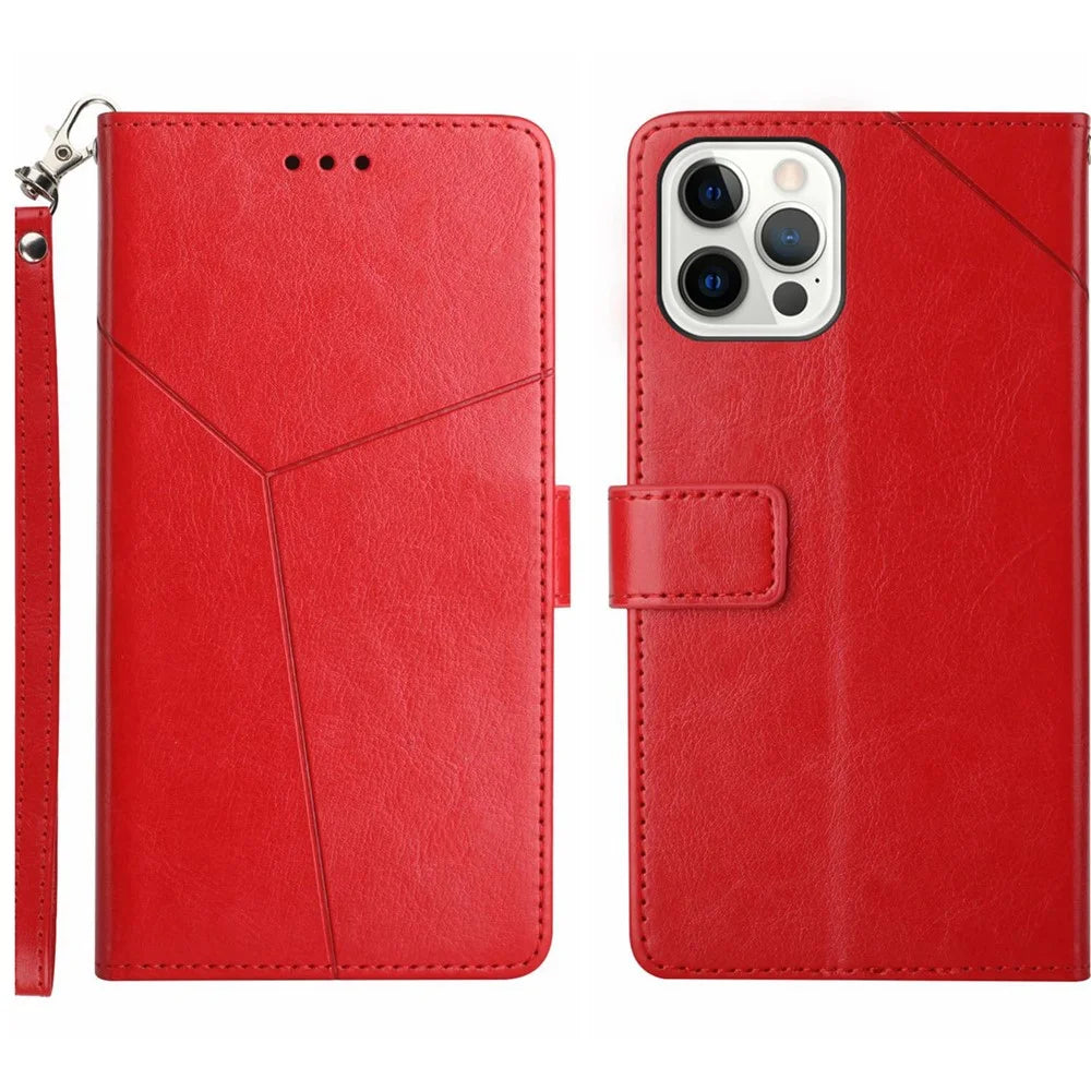 HT01 Phone Case for iPhone 15 Pro Y-shaped Line Imprinting Wallet Stand Fall Proof PU Leather Cover - Red - 1