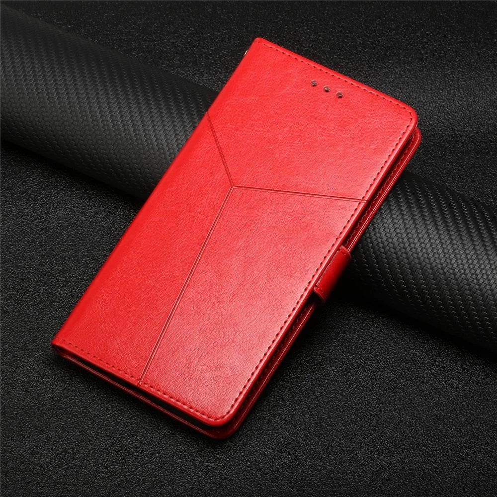 HT01 Phone Case for iPhone 15 Pro Y-shaped Line Imprinting Wallet Stand Fall Proof PU Leather Cover - Red - 7