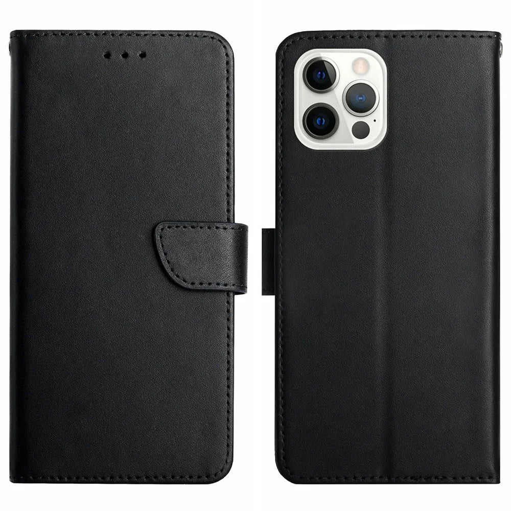HT02 Wallet Stand Case for iPhone 15 Pro Max Genuine Cow Leather Nappa Texture Anti-drop Phone Cover - Black - 1