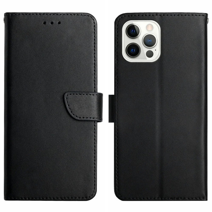 HT02 Wallet Stand Case for iPhone 15 Pro Max Genuine Cow Leather Nappa Texture Anti-drop Phone Cover - Black - 1