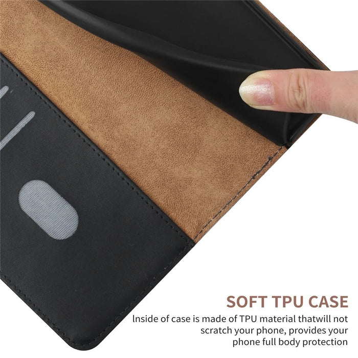 HT02 Wallet Stand Case for iPhone 15 Pro Max Genuine Cow Leather Nappa Texture Anti-drop Phone Cover - Black - 4