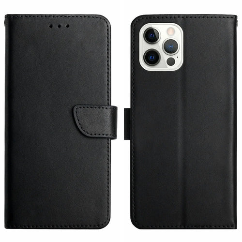HT02 Wallet Stand Case for iPhone 15 Pro Anti-drop Genuine Cow Leather Nappa Texture Phone Cover - Black - 1