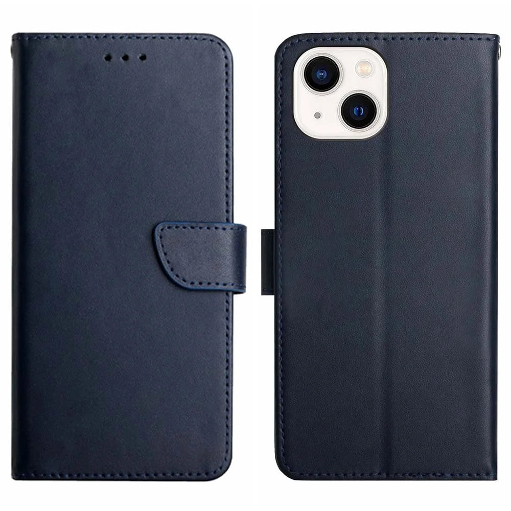 HT02 For iPhone 15 Plus Wallet Stand Case Genuine Cow Leather Nappa Texture Phone Cover - Blue - 1