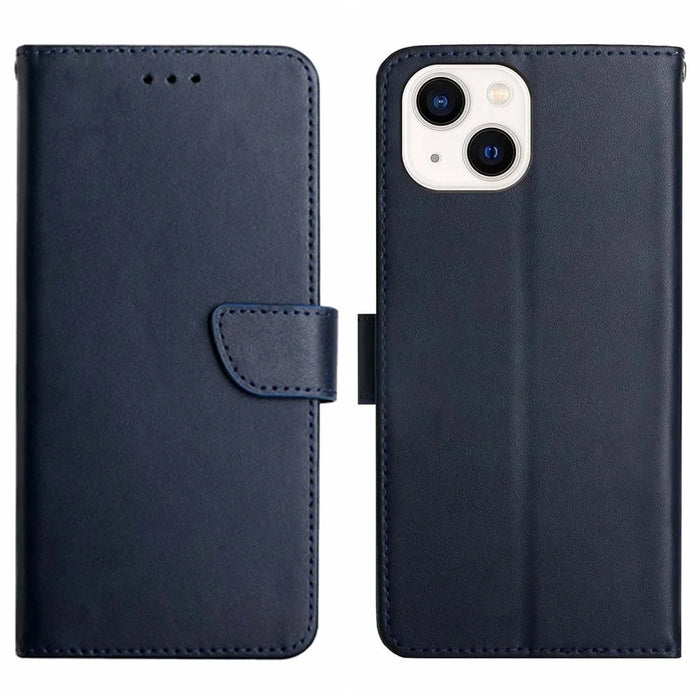 HT02 For iPhone 15 Plus Wallet Stand Case Genuine Cow Leather Nappa Texture Phone Cover - Blue - 1