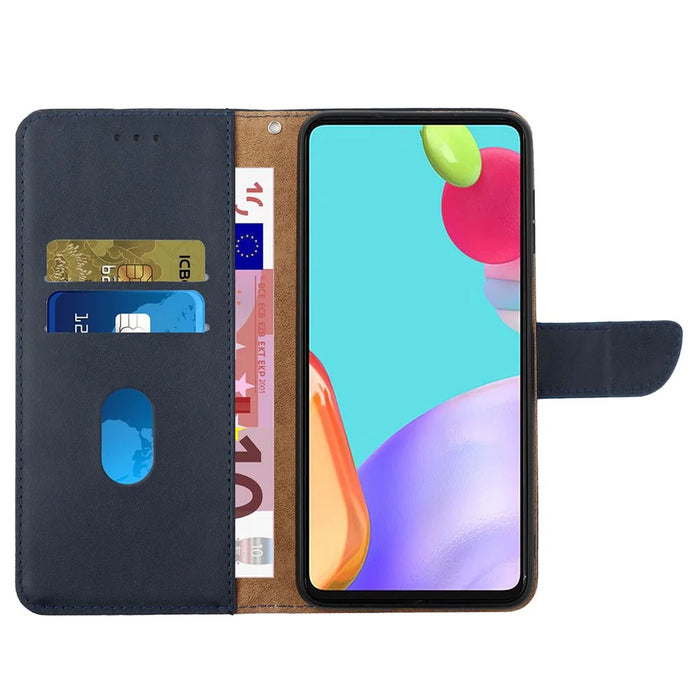HT02 For iPhone 15 Plus Wallet Stand Case Genuine Cow Leather Nappa Texture Phone Cover - Blue - 2