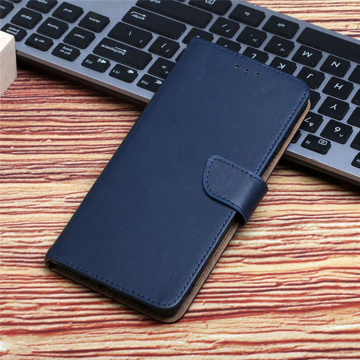 HT02 For iPhone 15 Plus Wallet Stand Case Genuine Cow Leather Nappa Texture Phone Cover - Blue - 7