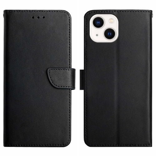 HT02 Wallet Stand Case for iPhone 15 Genuine Cow Leather Nappa Texture Shockproof Phone Cover - Black - 1