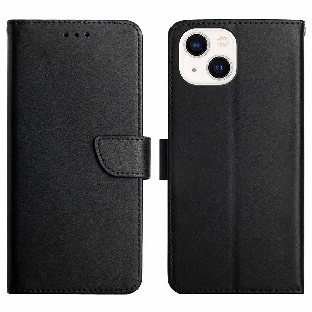 HT02 Wallet Stand Case for iPhone 15 Genuine Cow Leather Nappa Texture Shockproof Phone Cover - Black - 1