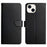 HT02 Wallet Stand Case for iPhone 15 Genuine Cow Leather Nappa Texture Shockproof Phone Cover - Black - 1