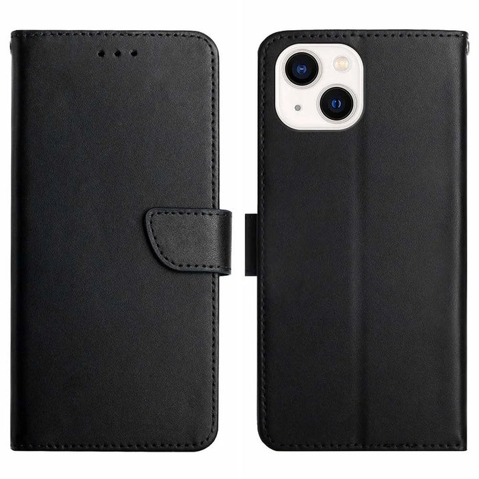 HT02 Wallet Stand Case for iPhone 15 Genuine Cow Leather Nappa Texture Shockproof Phone Cover - Black - 1
