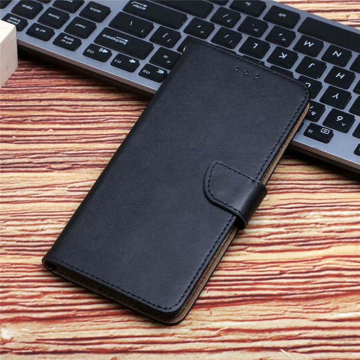 HT02 Wallet Stand Case for iPhone 15 Genuine Cow Leather Nappa Texture Shockproof Phone Cover - Black - 7