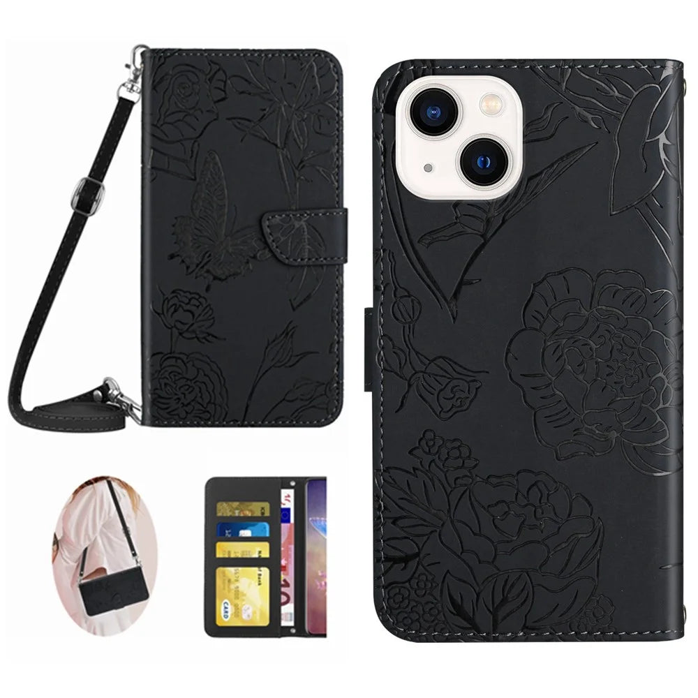 HT03 For iPhone 15 Plus PU Leather Phone Cover Stand Wallet Imprinted Case with Shoulder Strap - Black - 1
