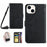 HT03 For iPhone 15 Plus PU Leather Phone Cover Stand Wallet Imprinted Case with Shoulder Strap - Black - 1