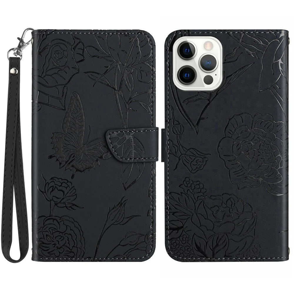 HT03 For iPhone 15 Pro Max PU Leather Stand Wallet Phone Cover Butterfly Imprinted Case with Wrist Strap - Black - 1