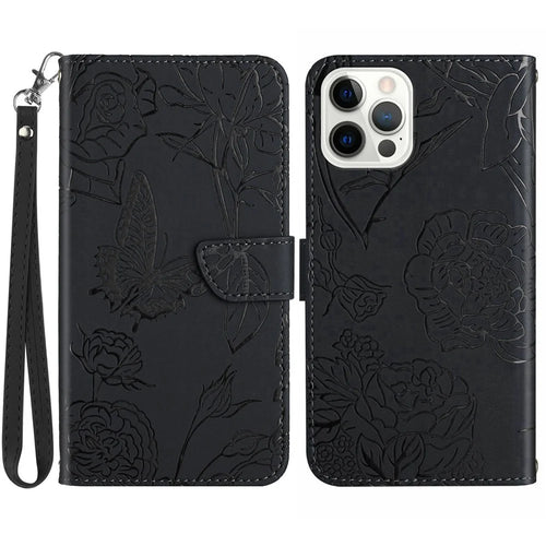 HT03 For iPhone 15 Pro Max PU Leather Stand Wallet Phone Cover Butterfly Imprinted Case with Wrist Strap - Black - 1