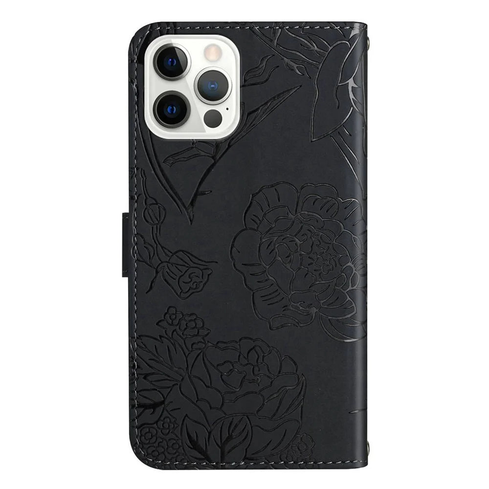 HT03 For iPhone 15 Pro Max PU Leather Stand Wallet Phone Cover Butterfly Imprinted Case with Wrist Strap - Black - 7