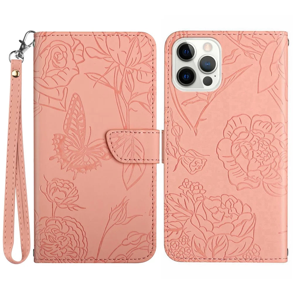 HT03 For iPhone 15 Pro Butterfly Imprinted PU Leather Phone Stand Cover Wallet Case with Wrist Strap - Pink - 1