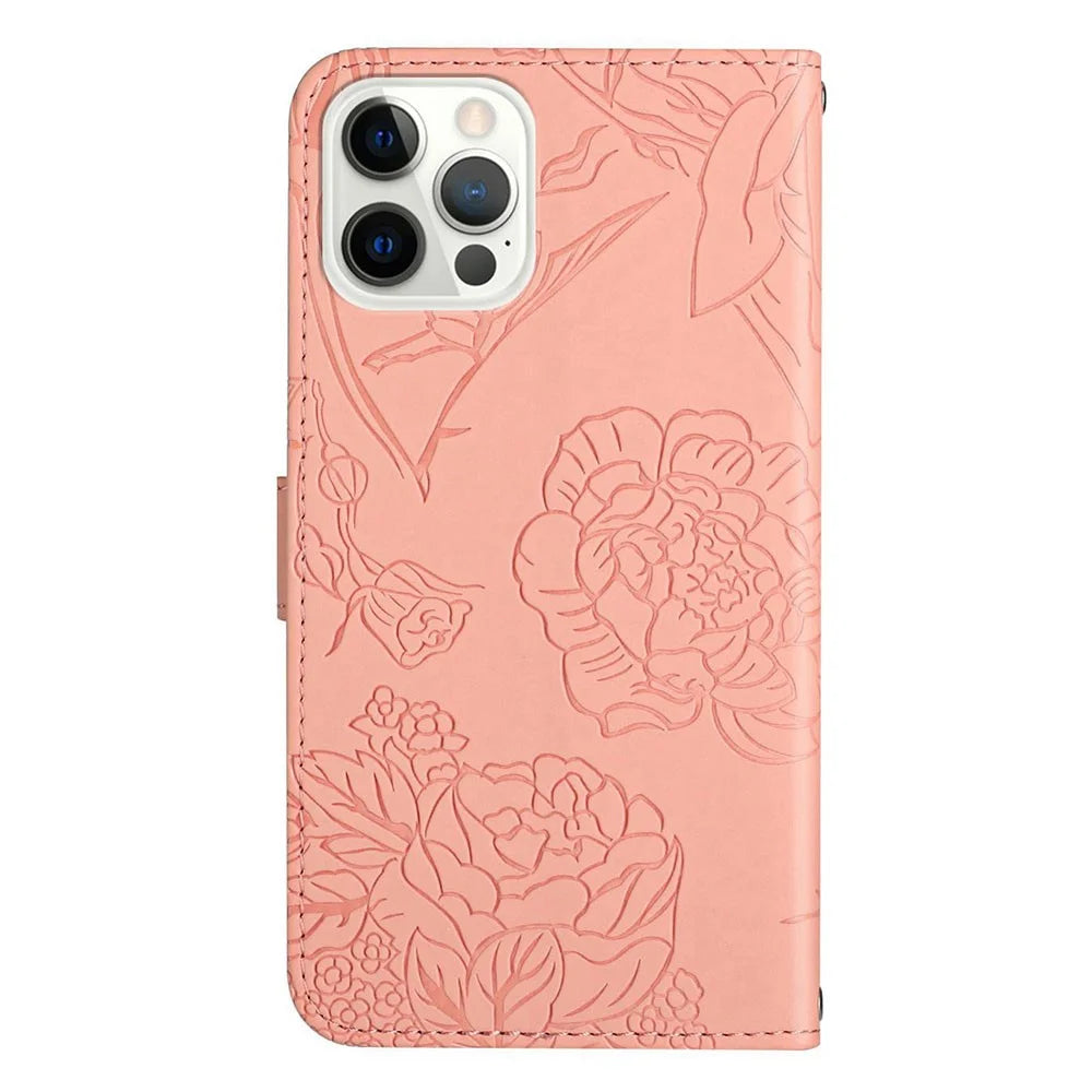 HT03 For iPhone 15 Pro Butterfly Imprinted PU Leather Phone Stand Cover Wallet Case with Wrist Strap - Pink - 7
