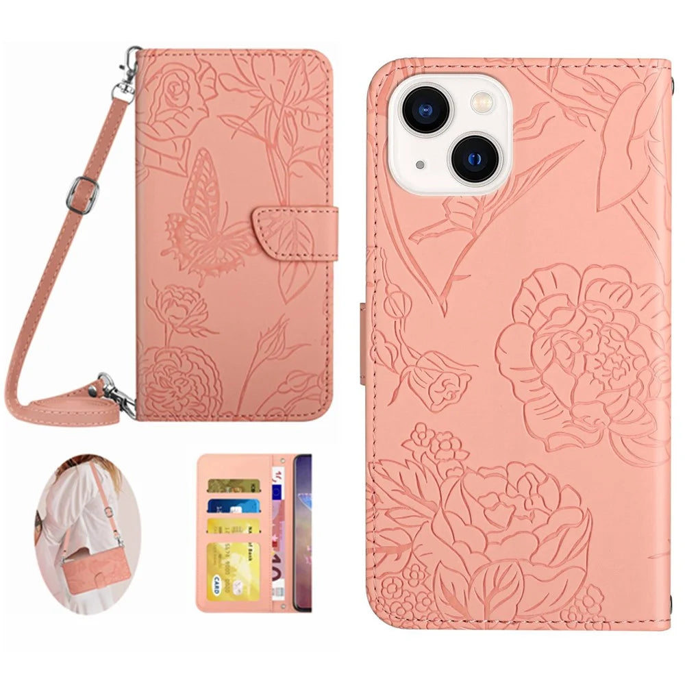 HT03 For iPhone 15 PU Leather Anti-scratch Phone Cover Stand Wallet Imprinted Case with Shoulder Strap - Pink - 1