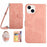 HT03 For iPhone 15 PU Leather Anti-scratch Phone Cover Stand Wallet Imprinted Case with Shoulder Strap - Pink - 1