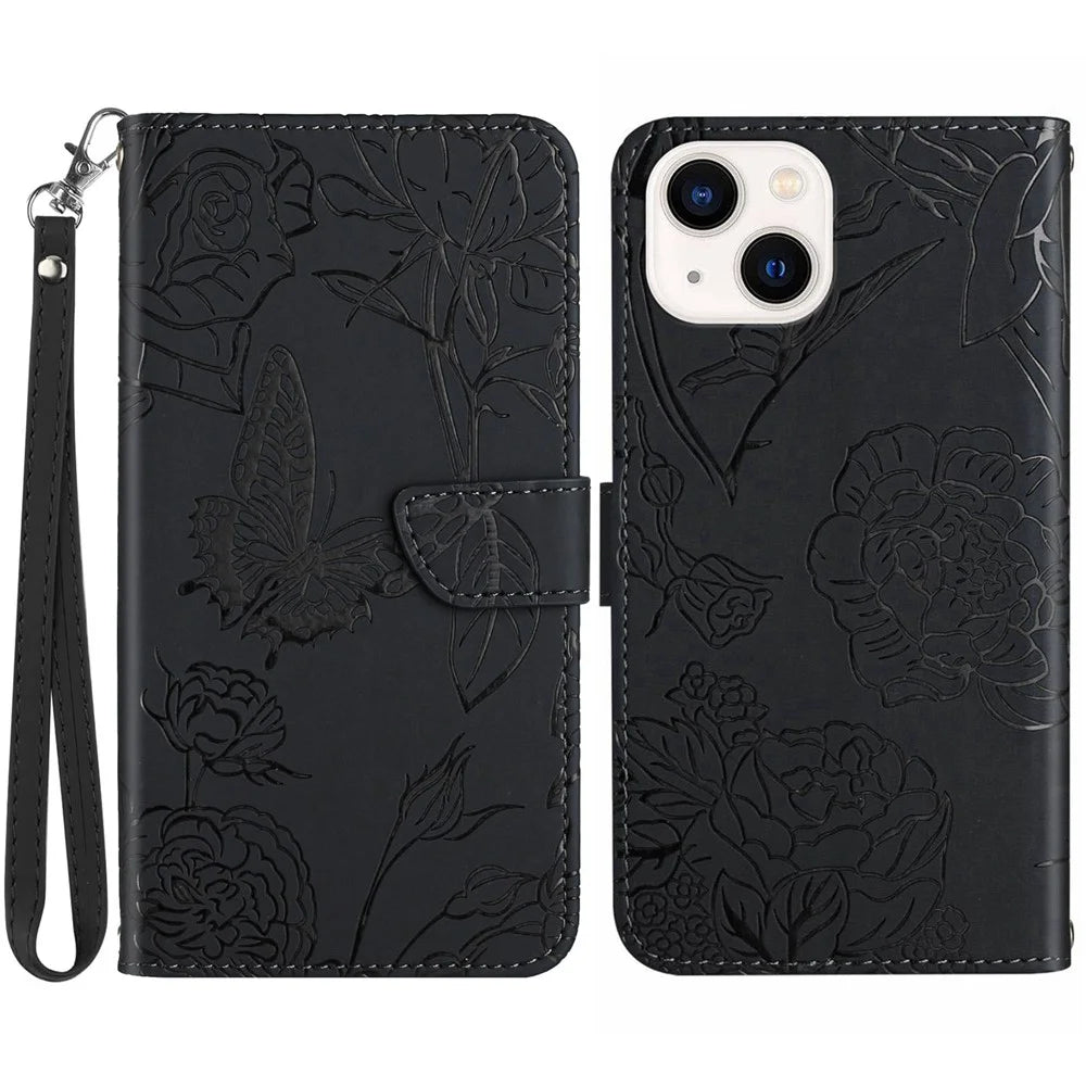 HT03 For iPhone 15 Plus Scratch Resistant Imprinted PU Leather Phone Stand Cover Wallet Case with Wrist Strap - Black - 1