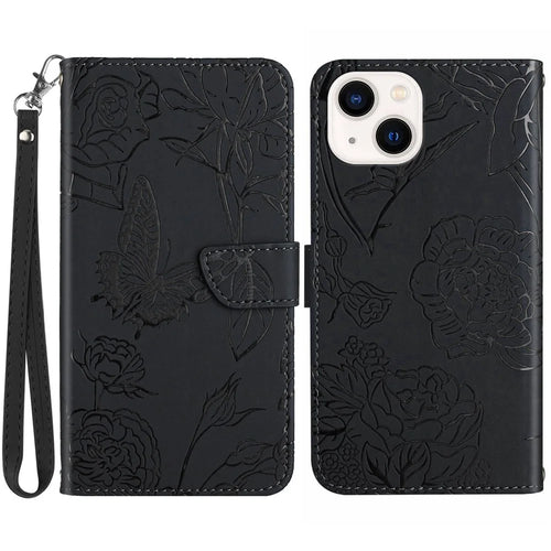 HT03 For iPhone 15 Plus Scratch Resistant Imprinted PU Leather Phone Stand Cover Wallet Case with Wrist Strap - Black - 1