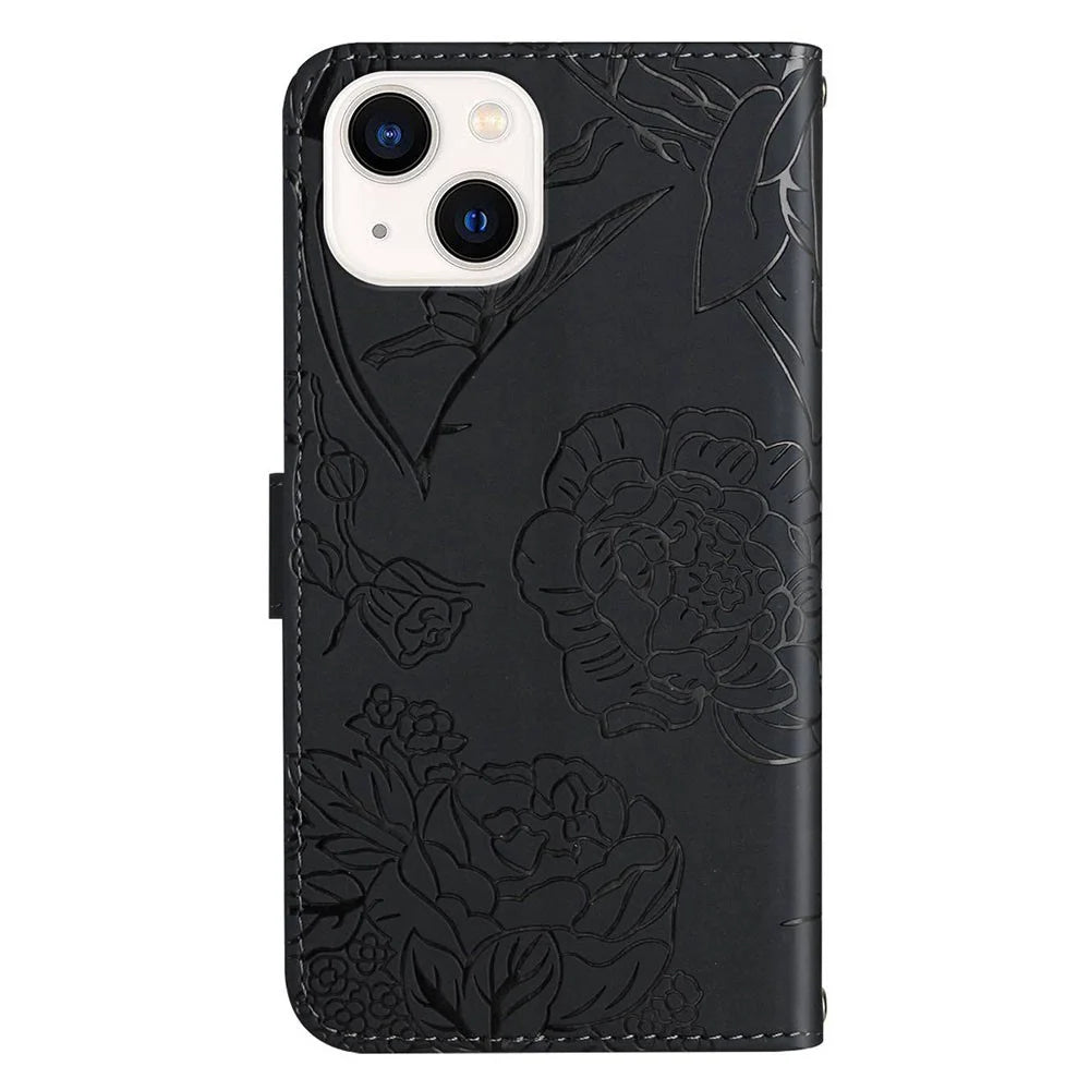 HT03 For iPhone 15 Plus Scratch Resistant Imprinted PU Leather Phone Stand Cover Wallet Case with Wrist Strap - Black - 7