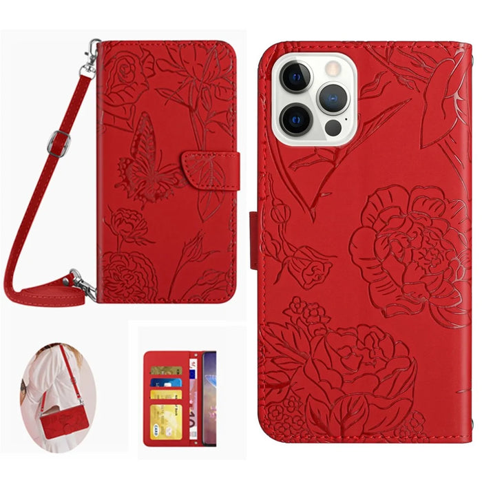HT03 Phone Cover for iPhone 15 Pro Max PU Leather Stand Wallet Imprinted Case with Shoulder Strap - Red - 1