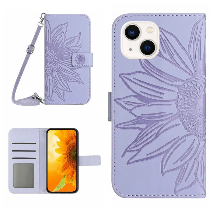 HT04 Leather Phone Case for iPhone 15 Plus Sunflower Imprint Wallet Stand Cover with Shoulder Strap - Light Purple - 1