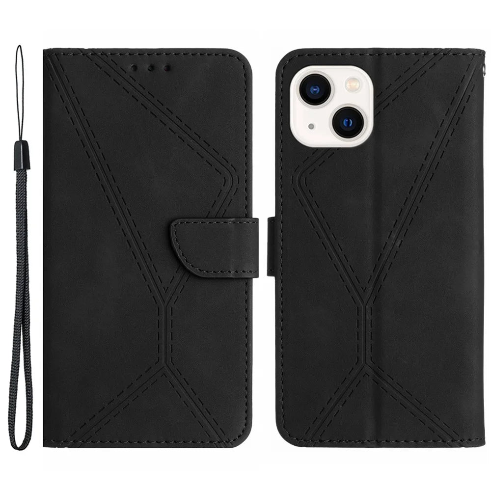 HT05 For iPhone 15 Plus Skin-touch Flip Stand Wallet Leather Cover Imprinted Line Phone Case - Black - 1