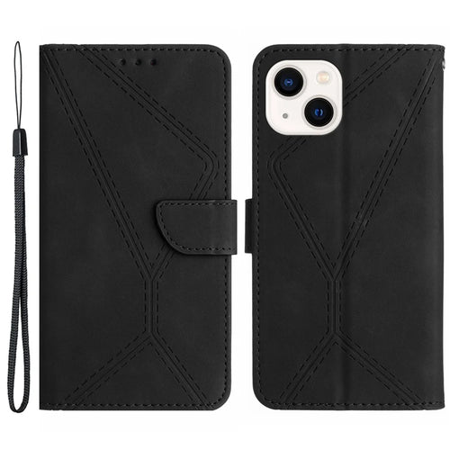 HT05 For iPhone 15 Plus Skin-touch Flip Stand Wallet Leather Cover Imprinted Line Phone Case - Black - 1