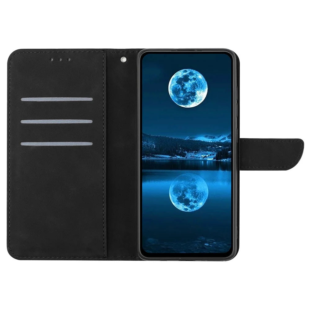 HT05 For iPhone 15 Plus Skin-touch Flip Stand Wallet Leather Cover Imprinted Line Phone Case - Black - 2