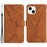 HT05 Leather Cover for iPhone 15 Skin-touch Flip Stand Wallet Imprinted Line Phone Case - Brown - 1