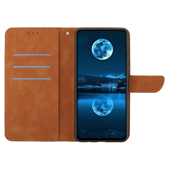 HT05 Leather Cover for iPhone 15 Skin-touch Flip Stand Wallet Imprinted Line Phone Case - Brown - 2