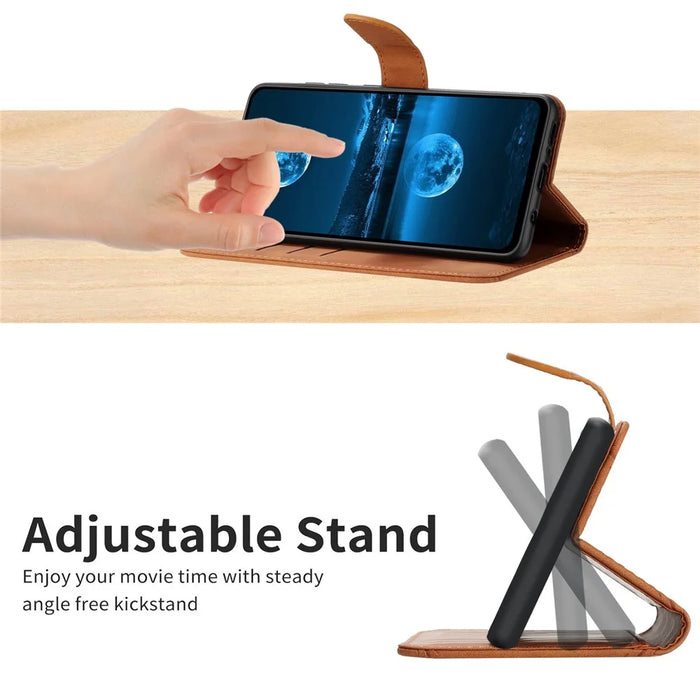 HT05 Leather Cover for iPhone 15 Skin-touch Flip Stand Wallet Imprinted Line Phone Case - Brown - 3