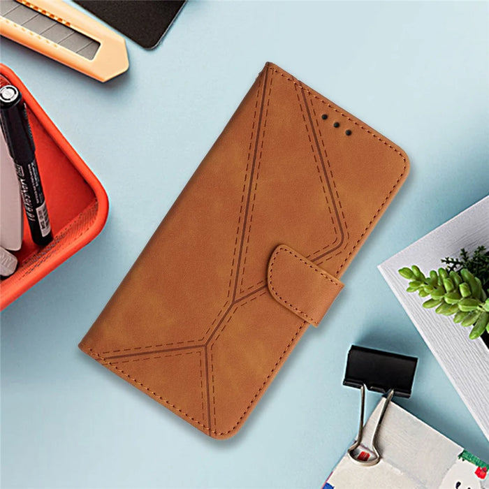 HT05 Leather Cover for iPhone 15 Skin-touch Flip Stand Wallet Imprinted Line Phone Case - Brown - 7