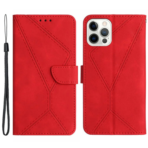 HT05 Leather Cover for iPhone 15 Pro Skin-touch Flip Stand Wallet Imprinted Line Anti-drop Phone Case - Red - 1