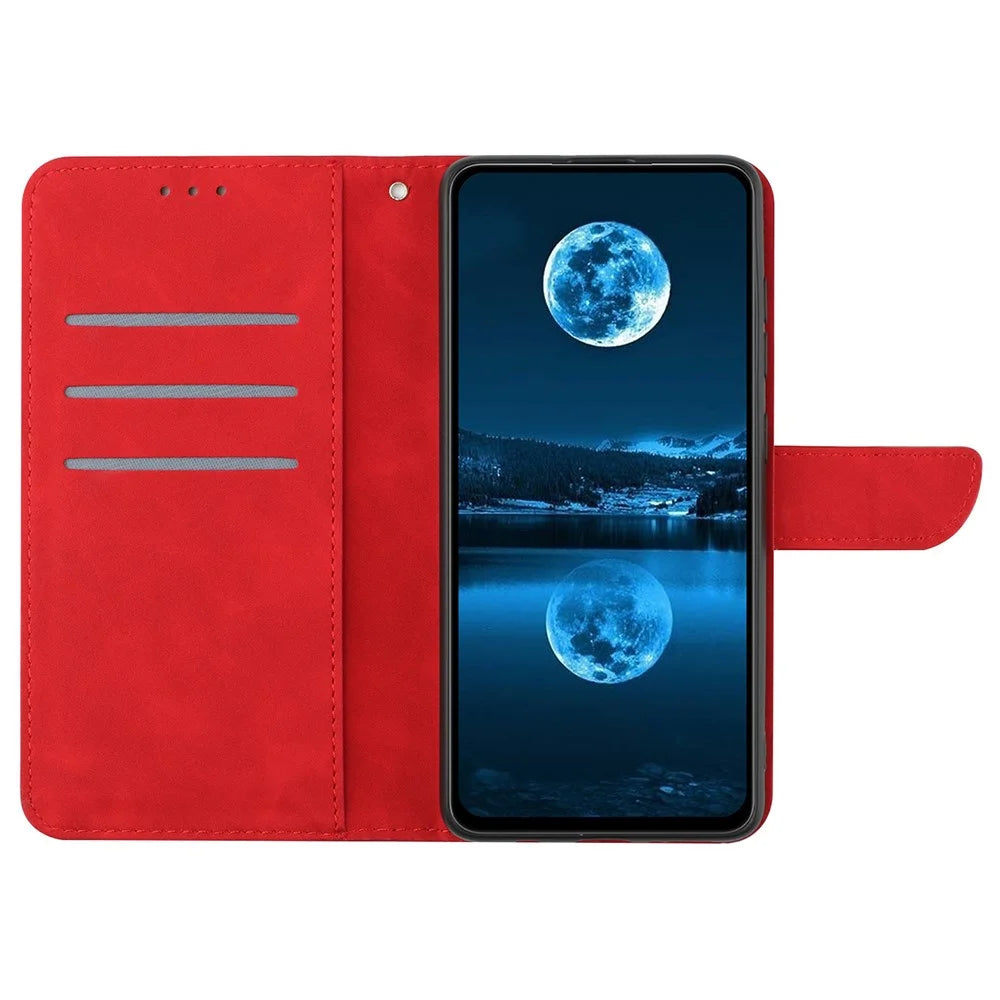 HT05 Leather Cover for iPhone 15 Pro Skin-touch Flip Stand Wallet Imprinted Line Anti-drop Phone Case - Red - 2