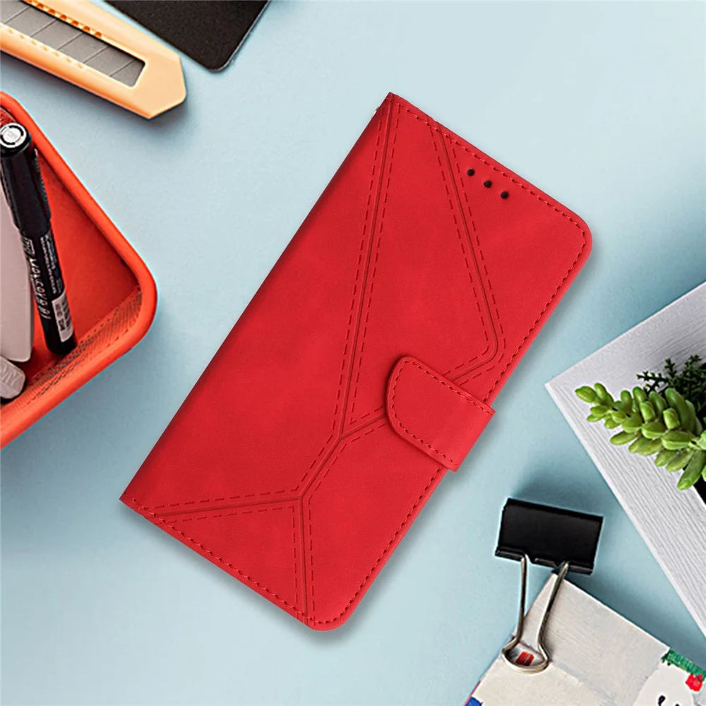 HT05 Leather Cover for iPhone 15 Pro Skin-touch Flip Stand Wallet Imprinted Line Anti-drop Phone Case - Red - 7