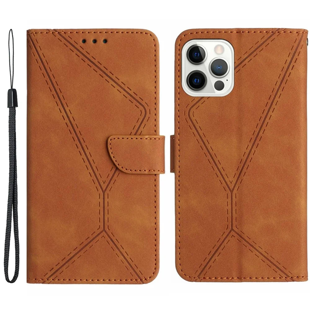 HT05 Leather Cover for iPhone 15 Pro Max Flip Stand Wallet Imprinted Line Skin-touch Phone Case - Brown - 1
