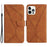 HT05 Leather Cover for iPhone 15 Pro Max Flip Stand Wallet Imprinted Line Skin-touch Phone Case - Brown - 1