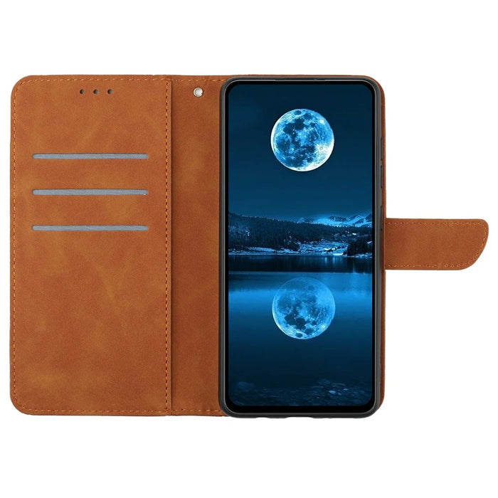 HT05 Leather Cover for iPhone 15 Pro Max Flip Stand Wallet Imprinted Line Skin-touch Phone Case - Brown - 2