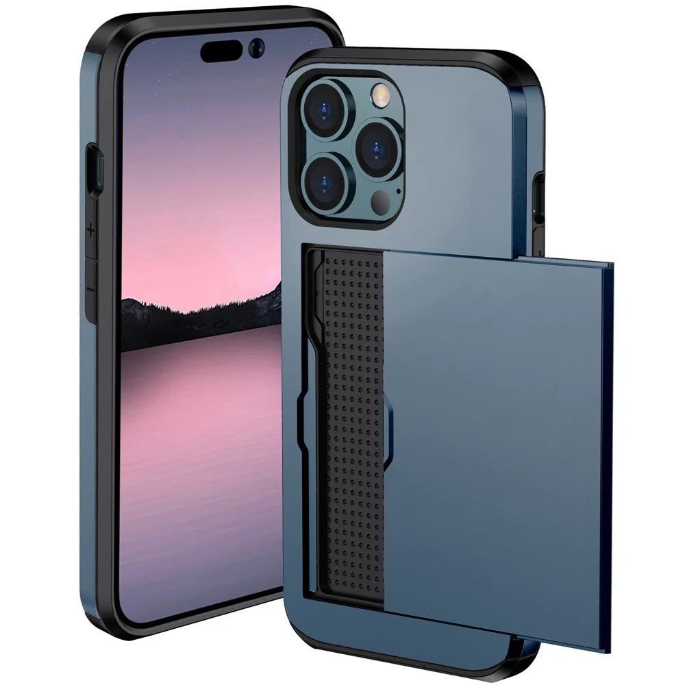 Slide Card Holder Phone Cover for iPhone 15 Pro , TPU + PC Dual Layer Phone Protective Case - Navy Blue - 2