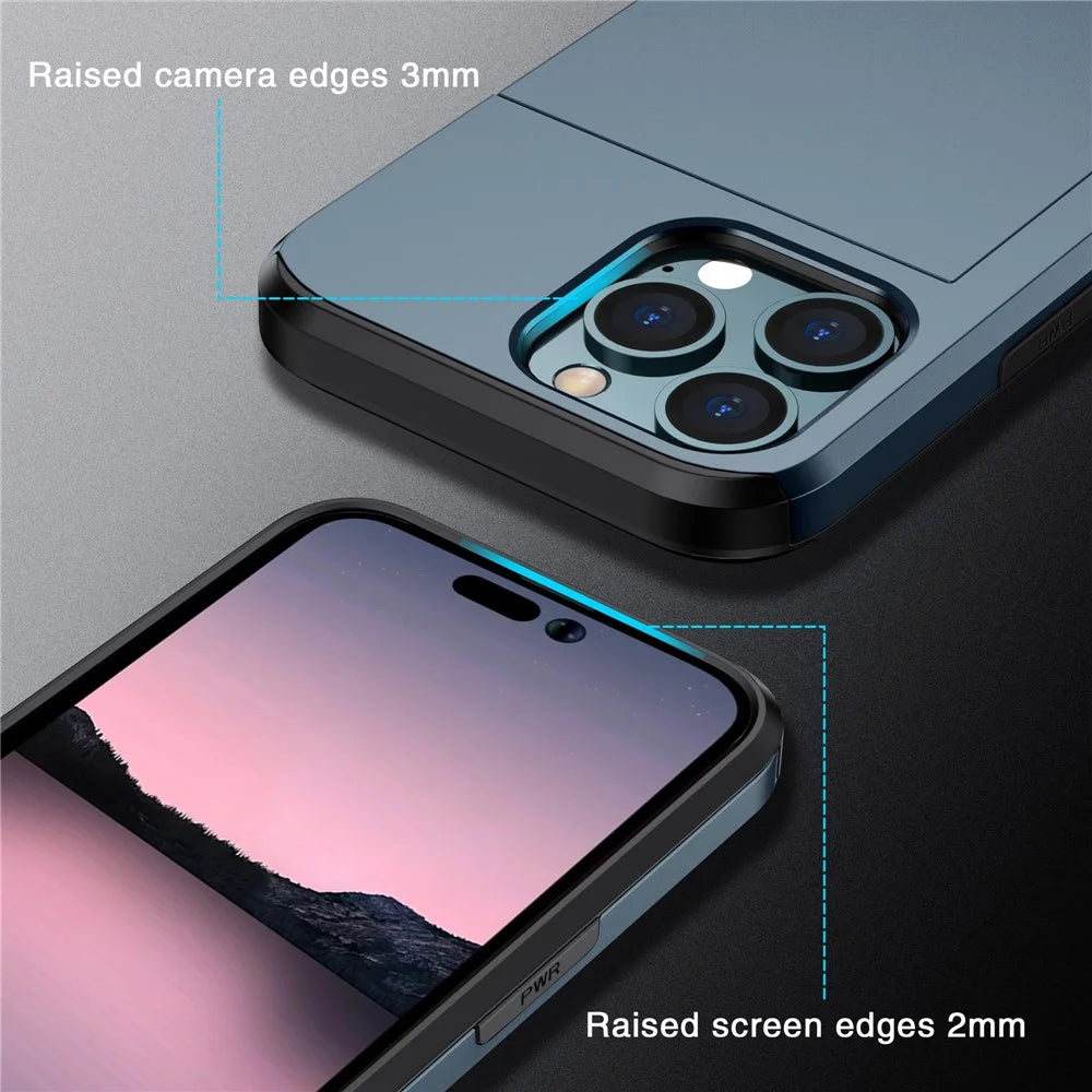Slide Card Holder Phone Cover for iPhone 15 Pro , TPU + PC Dual Layer Phone Protective Case - Navy Blue - 4