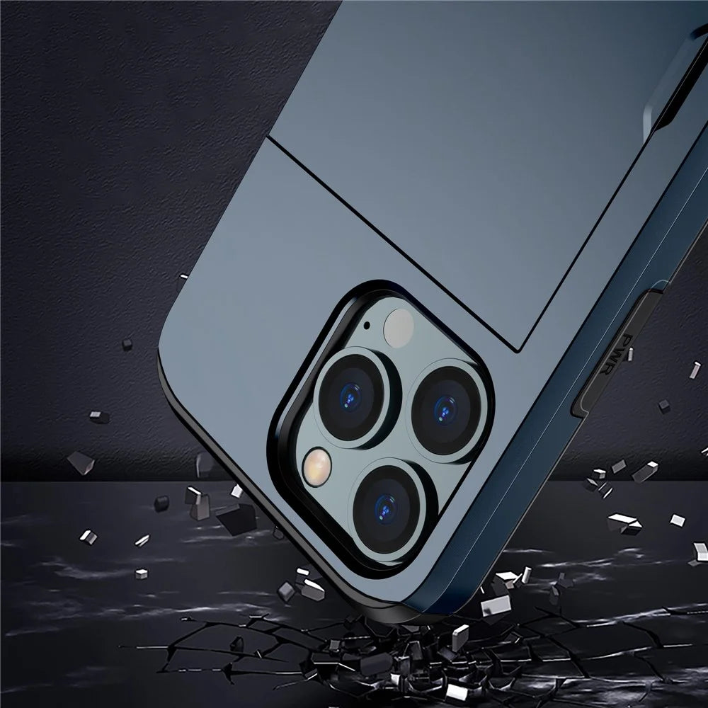 Slide Card Holder Phone Cover for iPhone 15 Pro , TPU + PC Dual Layer Phone Protective Case - Navy Blue - 6